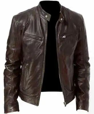 Buy Men's Solid Leather Slim Fit Diagonal Jacket With Zip Closure • 34.80£