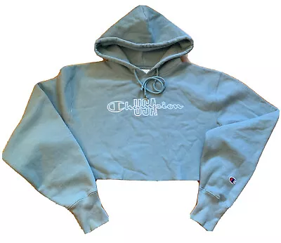 Buy Champion Womens Reverse Weave Crop Hoodie Sweatshirt Pullover Logo Teal Small • 18.89£