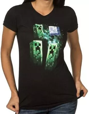 Buy Minecraft Three Creeper Moon Ladies Black Fitted T Shirt Minecraft Tee • 9.95£