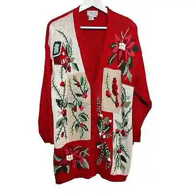 Buy Vintage 90s Jen - Ju Christmas Cardigan Sweater Poinsettia Holly Cardinal Large • 46.33£