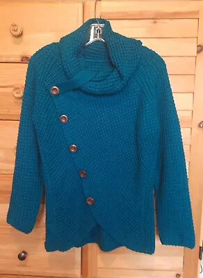 Buy Women’s Chunky Cowl Neck Asymmetric Hem Knitted Wrap Sweater Blue  • 8.55£