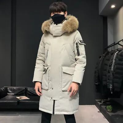 Buy Down Jacket Men Mid-length Hooded Fur Collar Plus Velvet Workwear Duck Down Coat • 86.63£