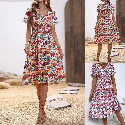 Buy Women Boho Floral Midi Dress Summer Short Sleeve Holiday Beach V Neck Sundress • 2.29£