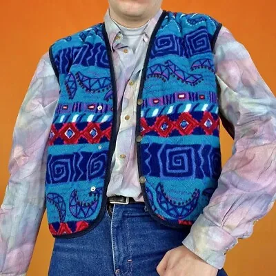 Buy Vintage Funky Fleece Gilet Vest Tribal Aztec Abstract Pattern Waistcoat 80s 90s • 24£