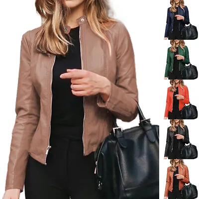 Buy Womens Biker Jacket Long Sleeve Faux Leather Blazer Coat Casual Slim Zip Outwear • 12.91£