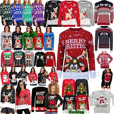 Buy Womens Mens Ladies Unisex Xmas Christmas Jumpers Knitted Reindeer Retro 3D LIGHT • 19.99£