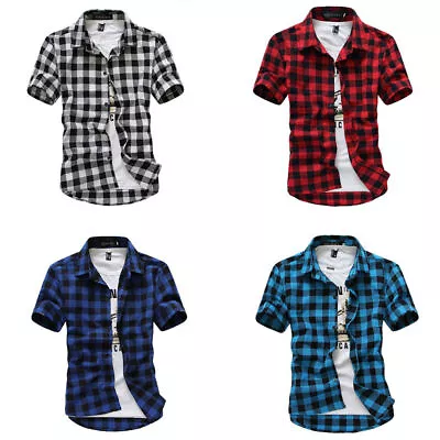Buy Mens Short Sleeve Check Shirt Button Down Plaid Casual Designer T Shirts Tops • 14.19£