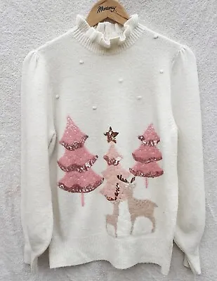 Buy NEXT Cream Frill Neck Sequin Soft Christmas Jumper - Size Small 10 12 • 27£