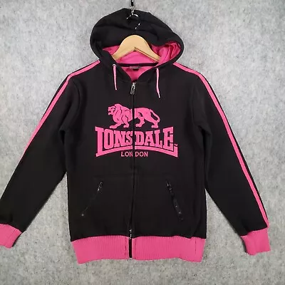 Buy Lonsdale Hoodie Womens 8 Black Pink Big Spell Out Logo Jacket Barbiecore Top • 14.95£