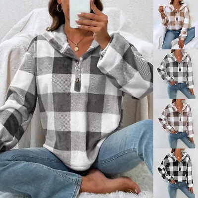 Buy Womens Plaid Check Hooded Hoodies Tartan Sweatshirt Long Sleeve Buttons Blouse • 9.19£
