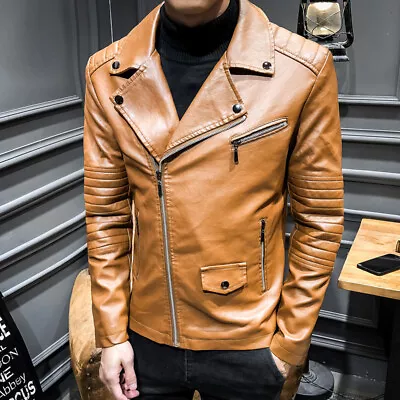 Buy Men's Smart Casual Vintage Lapel Leather Jacket Slim Fit Biker Motorcycle Coat • 27.97£