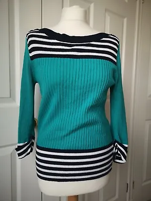 Buy NEXT Womens Jumper Size 12 Green Navy Stripe Stretchy Cotton Sleeves • 9.50£