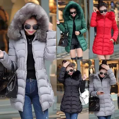 Buy Winter Ladies Puffer Jacket Fur Hooded Padded Quilte Coat Women Parka Long Coat • 31.39£