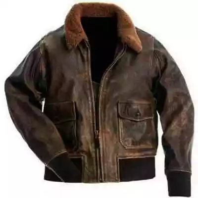 Buy G-1 A-2 Bomber Aviator Navy Flight Distressed Brown Cow Leather Jacket For Mens • 24.99£