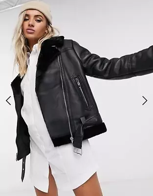 Buy New Black Top Shop Faux Biker Leather Jacket Coat Fur Lined Size 10 • 29.99£