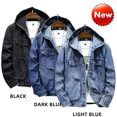 Buy Mens Casual Button Up Denim Jean Coat Outdoor Ripped Trucker Hooed Jacket Top • 33.55£