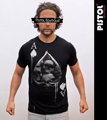 Buy Pistol Boutique Men's Black Standard Crew Neck ACE OF SPADES SKULLS T-shirt • 22.49£