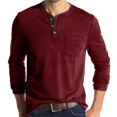 Buy Mens Long Sleeve Plain T Shirt Tops Casual Baggy Button Pullover Henley Shirt UK • 14.09£