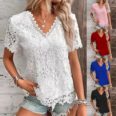 Buy Womens Lace V-Neck T-Shirt Tops Ladies Short Sleeve Summer Casual Loose Shirt • 3.19£