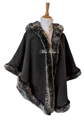 Buy Stunning Ladies Dusky Grey Wool And Faux Fur  Hooded Cape- Size Large • 10£