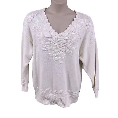 Buy Honors Plus Womens Pullover Sweater Size 20W White Long Sleeve V-Neck Embroidery • 12.63£
