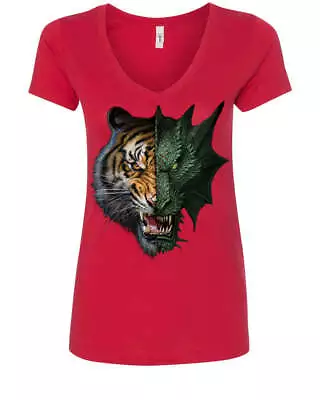 Buy Tiger And Dragon Face Women's V-Neck T-Shirt Animal Beast Fantasy Monster Fang • 20.79£