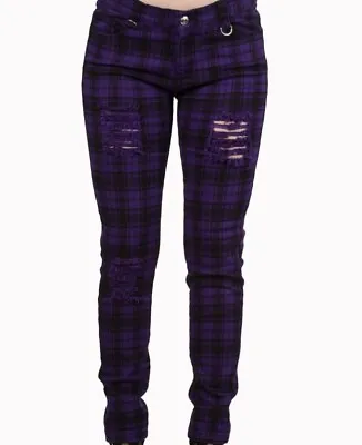 Buy Purple Tartan Check Skinny Slashed Ripped Emo Rockabilly Trouser BANNED Apparel • 33£