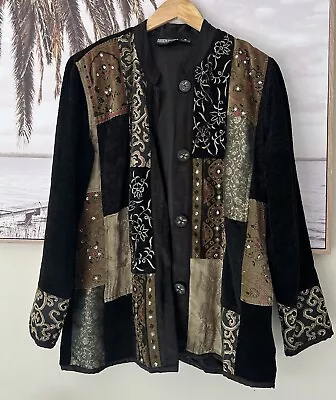 Buy ORIENTIQUE Vintage Embroidered Jewel Patch Jacket Boho Gypsy Size M 12-14 • 62.61£