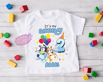 Buy Personalised Bluey Dog & Friend Birthday Celebration T-shirt Boy Or Girl • 13.99£