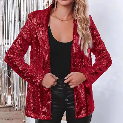 Buy Womens Sparkly Sequins Long Sleeve Open Front Coat Jacket Blazer Party Tops 8-20 • 22.79£