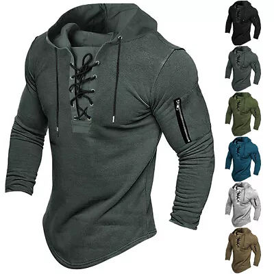 Buy Mens Hooded Lace Up T-Shirt Long Sleeve Tactical Combat Army Muscle Slim Tops • 3.59£