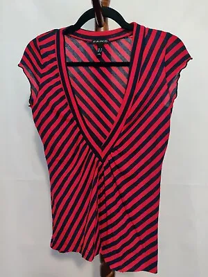 Buy Fang Women's Size M Top Red Blue Striped SS Deep V-neck Gathered EUC • 17.91£