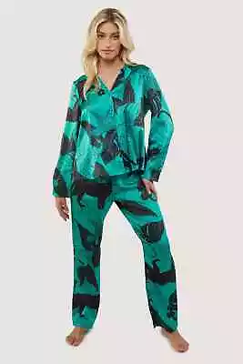 Buy Green Panther Print Satin Pyjama Set • 20£
