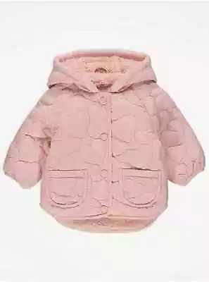 Buy Baby Girls Pink Quilted Hooded Jacket With Borg Fleece Lining Age 12-18 Months • 5.50£