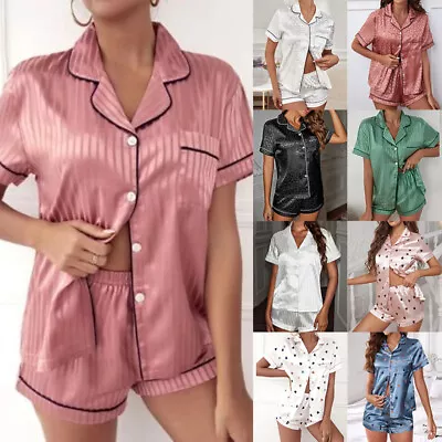 Buy Womens Satin Pyjamas Set Ladies Short Sleeve Button Soft Nightie Nightwear PJs • 12.09£