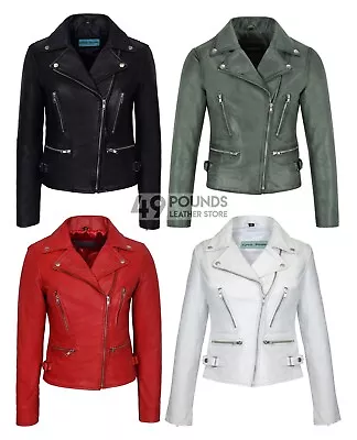 Buy Deluxe Ladies Biker Slim Fit Real Lamb Leather Stylish Fashion Jacket 2100 • 55.25£