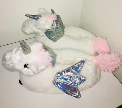 Buy New Look, Unicorn Fluffy Slippers With Wings, White, Pink And Silver UK Size M • 7.50£