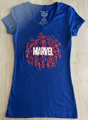 Buy (Womens M) MARVEL Hero Symbols V-Neck Shirt Disney AVENGERS SPIDERMAN Tee NWOT • 19.29£