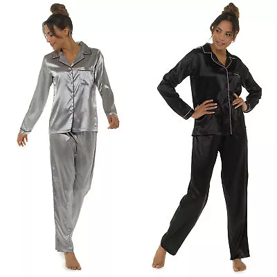 Buy Ladies Classic Satin Pyjamas With Contrast Piping  • 21.99£