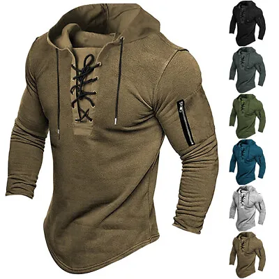 Buy Mens Lace Up Hooded T-Shirt Grandad Long Sleeve Combat Gym Sports Hoodies Tops • 3.39£