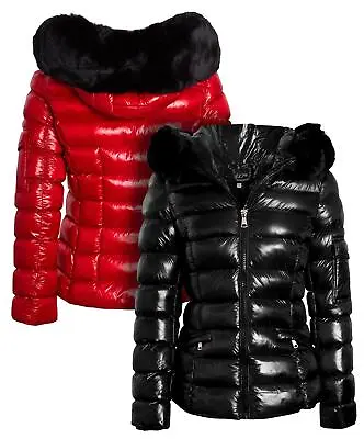 Buy Womens Shiny Coat Winter Showerproof Faux Fur Hooded Jacket Size 10 12 14 6 8 • 49.95£
