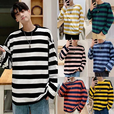 Buy Mens Long Sleeve T Shirt Tops Basic Striped Tee Shirt Pullover Loose Crew Neck • 11.99£
