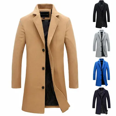 Buy Men's Winter Trench Coat Outwear Overcoat Long Sleeve Button Up Wool Coat Jacket • 25.19£