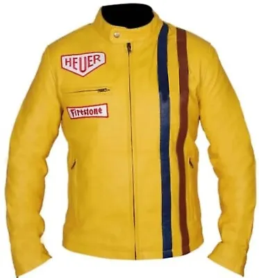 Buy Steve McQueen Yellow Cowhide Motorbike Leather Biker Motorcycle Jacket • 119.99£