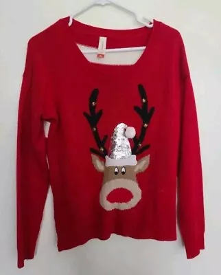 Buy No Boundaries Red Reindeer Holiday Sweater With Bells Women's Size M (7-9) • 9.65£