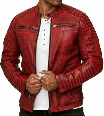 Buy Mens Real Leather Jacket Cafe Racer Red Genuine Slim Fit Motorcycle Biker New • 69.99£