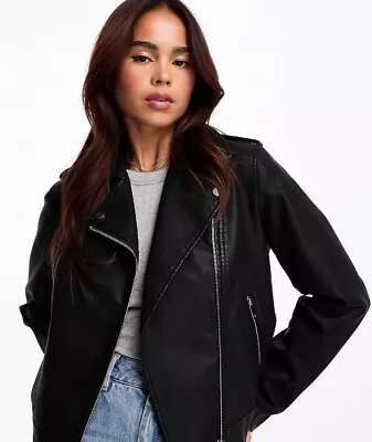 Buy New Look Black Leather-Look Biker Jacket Size 8 • 4.99£