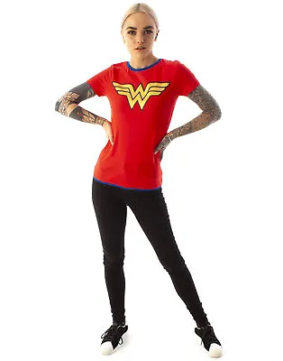 Buy Wonder Woman DC Comics Metallic Gold Logo Women's Red Superhero T-Shirt • 14.99£
