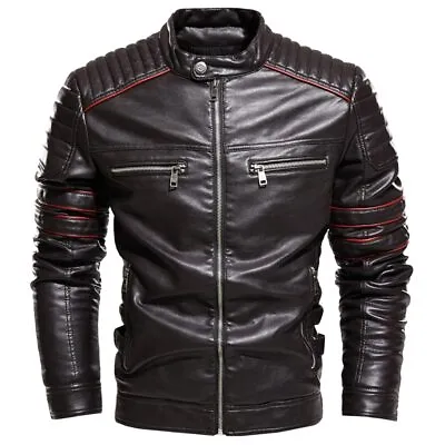 Buy Men's Solid Biker Slim Fit Leather Jacket With Zipper Closure • 46.80£