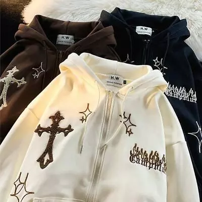 Buy Y2K Oversized Hoodies Retro Hip Hop Gothic Embroidery Zip Up Sweatshirt • 22.31£